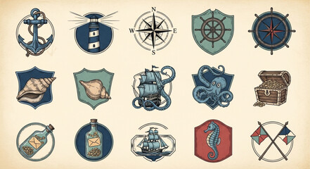 Collection of nautical emblems and symbols for maritime themes. © fusa