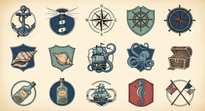 Collection of nautical emblems and symbols for maritime themes.