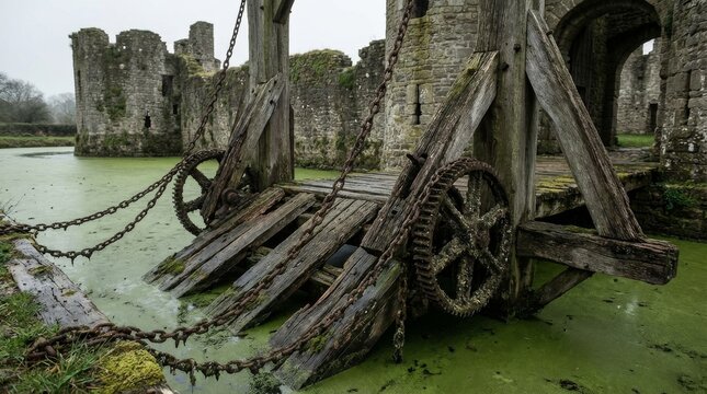 Ancient Wooden Drawbridge Mechanism at Castle Ruins