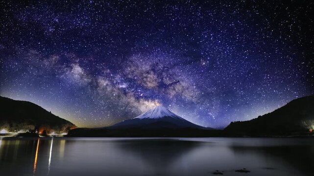 (4K,HDR,HLG) (Revised: White Balance, Deflickered) Milky Way Rising Above Snow-Capped Mt. Fuji from Lake Shojiko &ndash; Timelapse Night to Blue Hour &ndash;Fixed Black Crush, Noise Reduced&ndash;Astrophotography Japan
