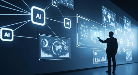 Executive Silhouette Interacting with Futuristic AI Screen Wall