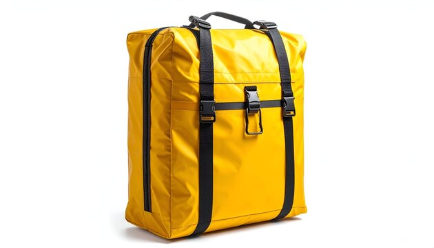 Isolated, bright yellow rectangular bag w/black straps and handle on white background, showing the front panel with buckles
