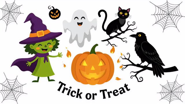 Cute Halloween Witch Pumpkin Ghost Black Cat Crow Trick Or Treat Footage