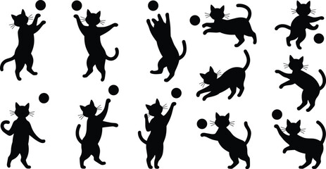 Cat silhouettes, playful feline vector, black white design, animal posture, pet icons, stock illustration, domestic cats, cartoon style, agility art © Kamrul
