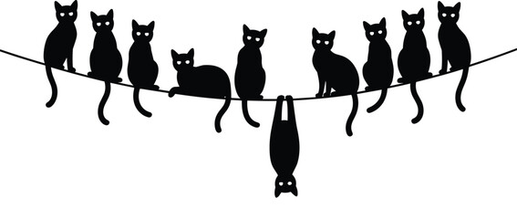 Cat silhouettes, playful feline vector, sitting wire design, domestic pet icons, black white art, whimsical posture, stock illustration, animal graphic © Kamrul