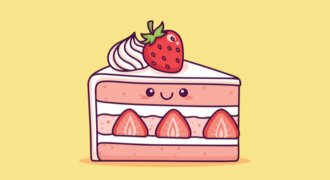 Kawaii cartoon slice of strawberry cake with whipped cream and a smiling face on a yellow background.