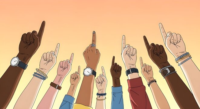 Diversas manos levantadas, grupo multicultural de personas que muestran unidad, apoyo, voto, solidaridad, activismo, protesta, trabajo en equipo, ilustraci&oacute;n de inclusi&oacute;n