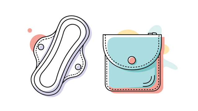 Eco-friendly reusable cloth menstrual pad is shown alongside its compact travel storage pouch in pastel colors.