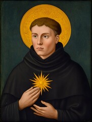 Fototapeta premium Saint Bernardino of Siena clutches a sun emblem like a fiery cosmic beacon.