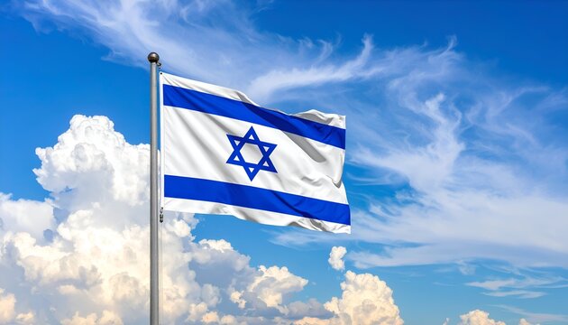 Israeli flag with white stripes, blue Star of David, against a blue sky with fluffy white clouds