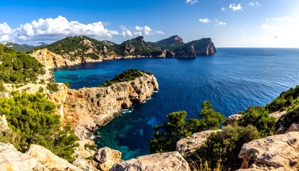 Obraz premium Jagged coastline view with turquoise water, pine forests, and rugged cliffs on a sunny day under a partly cloudy blue sky