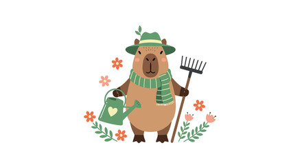 Naklejka premium Cute capybara character dressed as a gardener wearing a hat and scarf holding a watering can and a rake surrounded by spring flowers.