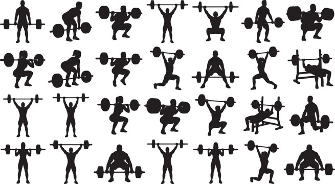 Weightlifting Barbell Exercises Silhouette Vector Set