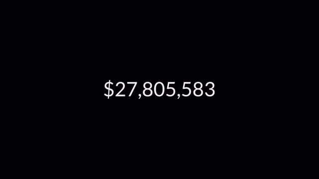 Dollar counting animation from zero to fifty million on a black background, 0 to 50,000,000 dollar money counter animation with alpha channel in 4k.