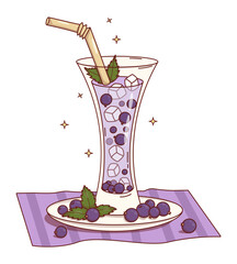Purple Blackcurrant Drink with Ice Cubes, Berries and Mint Leaves. Seasonal Refreshing Cocktail in glass and straw on Saucer and Striped Napkin. Vector Illustration.