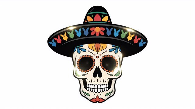 Day Of The Dead Sugar Skull Wearing Festive Sombrero Animated Loop