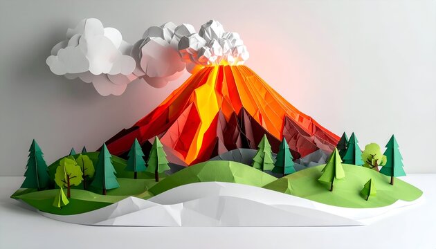 Low poly volcano erupting with clouds and trees around it on a white surface against a grey background