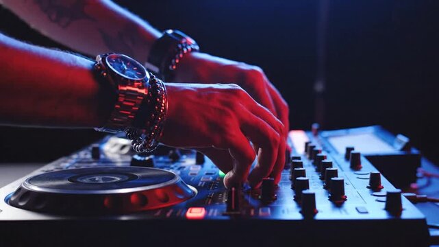 DJ's hands expertly mixing music on a professional controller at a nightclub