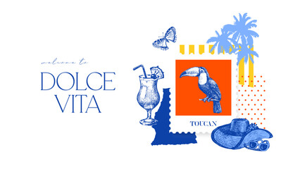 Hand drawn sketch tropical poster. Dolce vita summer vibe. Vintage summer Italy Mediterranean coastal vacation banner. Vector illustration © pim