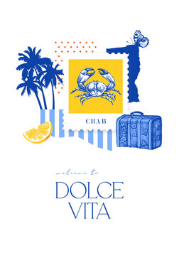 Hand drawn sketch tropical poster. Dolce vita summer vibe. Vintage summer Italy Mediterranean coastal vacation banner. Vector illustration