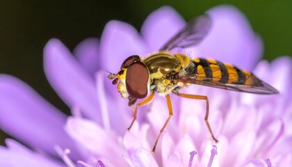 Hoverfly perched on a vibrant purple flower, wings slightly spread, with distinct yellow and black stripes