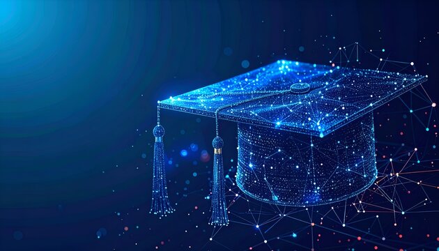 Luminous academic cap rendered digitally with connected dots in shades of blue against a dark gradient background