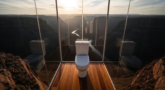 Modern glass bathroom with toilet overlooking a vast natural landscape at sunset.