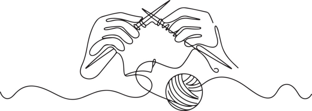 Continuous one line knitting hands. Knitting threads, needles and yarn for handmade textiles, DIY hobby and craft classes designs.one line vector icon illustration