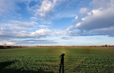Scenic rural landscape in Burgundy with a  blue sky and fluffy clouds. Green grass fields with a road leading into the distance. Beautiful countryside of Cote-d'Or, France in sunny weather.
