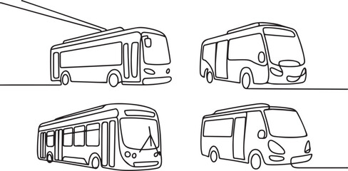 Public transport continuous line drawing set. One line art of trolleybus, shuttle bus, tram, minibus.one line vector icon illustration © Misho x Mamun