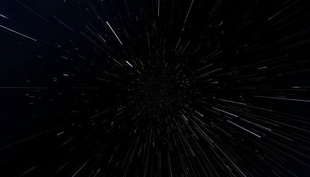 Hyperspace effect of light streaks radiating outward from a central vanishing point against a dark background