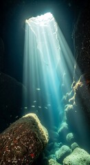 Brilliant light beams illuminate deep underwater cavern opening surrounded by submerged rocks and small marine life