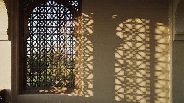 Sunlight creating intricate patterns through a decorative window.