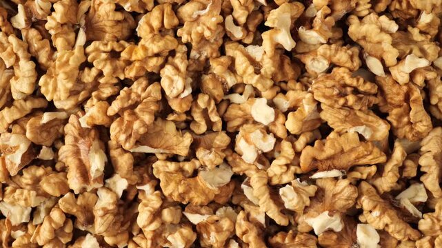 Human hand picking a delicious shelled walnut from a pile of nuts for a healthy vegan snack.