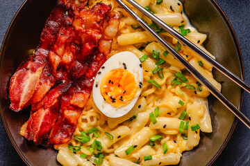 Korean street food - creamy rapokki served with bacon and egg.