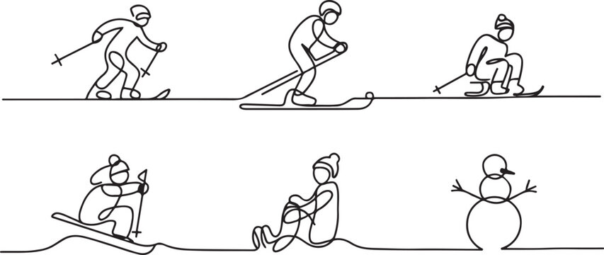 Single one line drawing winter activities and sport set.one line vector icon illustration