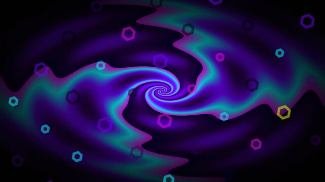 A vibrant, abstract digital art piece featuring a swirling purple and blue vortex with glowing hexagonal shapes on a dark background.