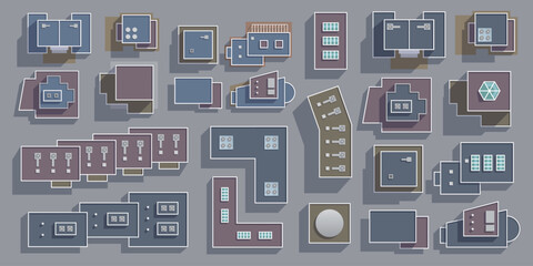 Vector illustration of an overhead view of different types of roofs of modern buildings. Top view to create an architectural plan of a district, city, village. View from above. Aerial © Алексей Шпадарук