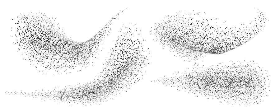 Abstract drawings of black dots in the form of aerosol sprays. Perfumes, graffiti, powder. Vector illustration. 