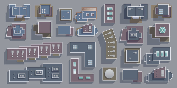 Vector illustration of an overhead view of different types of roofs of modern buildings. Top view to create an architectural plan of a district, city, village. View from above. Aerial