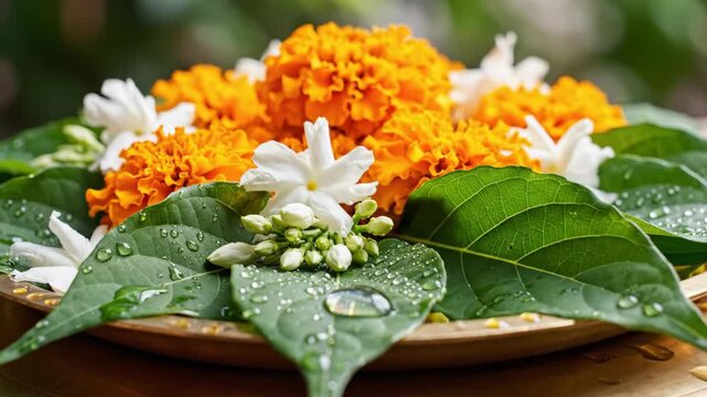 Colorful flower arrangement with marigold and jasmine blossoms on green leaves in decorative plate. Cultural significance emphasized through vibrant flowers and leaves arrangement for celebrations.