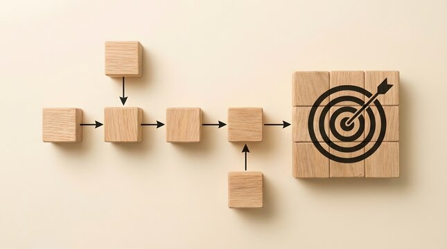 Wooden blocks illustrate a structured process flow chart demonstrating clear steps leading directly toward achieving a defined business target.