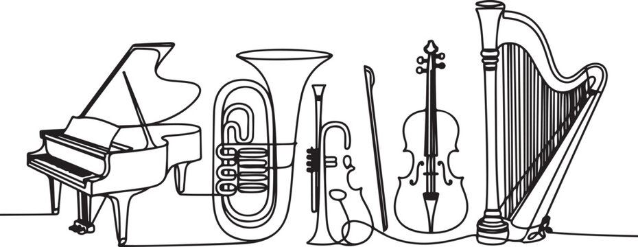 Continuous line drawing of grand piano, tuba, trumpet, french horn, violin, cello, harp.one line vector icon illustration