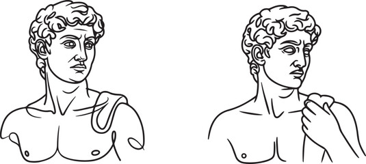 One line greece mythology sculptures. Ancient greek statues hand drawn single continuous line, David head torso.one line vector icon illustration