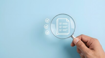Fototapeta premium Hand holding magnifying glass over checklist document icons emphasizing successful verification and thorough compliance review process