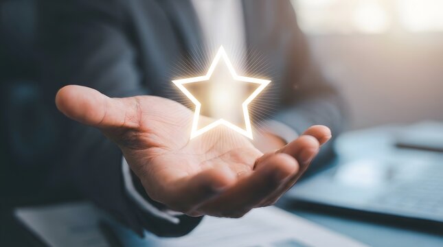 Businessman presenting a glowing five-star rating icon floating above his open palm symbolizing excellent customer service achievement.