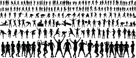 Naklejka premium Black silhouettes of people in diverse poses including walking, running, jumping, dancing, exercising, and interacting, representing human motion activities for design and educational illustration