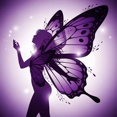 A mystical figure with large purple butterfly wings in a cosmic setting