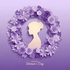 Elegant silhouette of a woman surrounded by a wreath of purple flowers for women's day