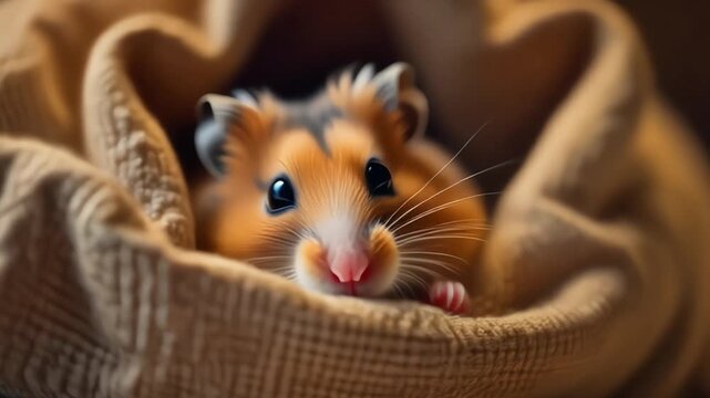 A cute fluffy hamster sitting in a basket like a small pet in a cozy cage